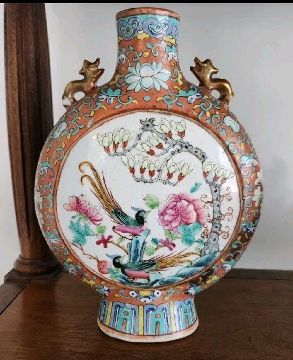 Antique Chinese Porcelain Moon Flask Vase Tongzhi Mark Qing 1800s Famille Rose